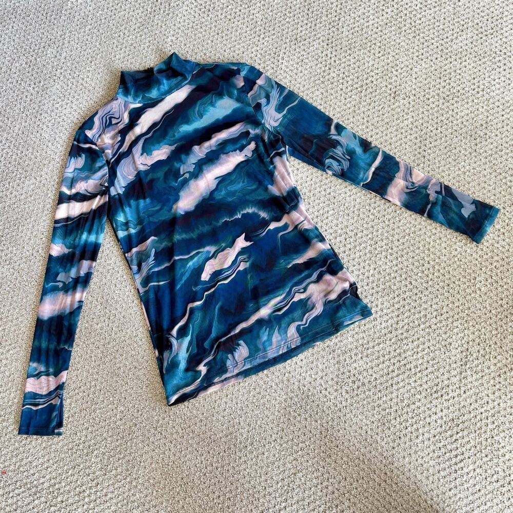 ANNE KLEIN ZIP BLOUSE BLUE MULTI MESH STRETCH SMALL LONG SLEEVE TURTLENECK - Picture 5 of 11